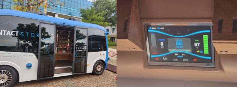 비대면 스마트스토어 서비스 차량(왼쪽)과 차량 내부에 비치된 전력 모니터링 사진(오른쪽).[GIST 제공]