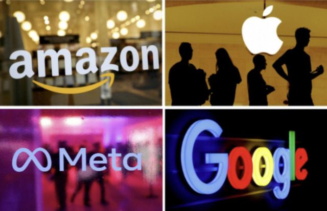 미 주요 빅테크 기업 로고 모습. (왼쪽 상단부터 시계방향으로) 아마존, 애플, 메타, 구글. [로이터·망고보드]