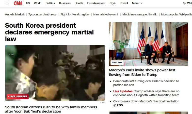 3일(현지시간) 미 CNN방송 홈페이지에 비상계엄 선포 이후 한국 국회 상황이 동영상으로 보도되고 있다. [CNN 홈페이지 캡처]