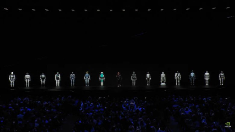젠슨 황 엔비디아 CEO가 휴머노이드 로봇들과 함께 무대에 등장해 기조연설을 하고 있다. [엔비디아 유튜브[]