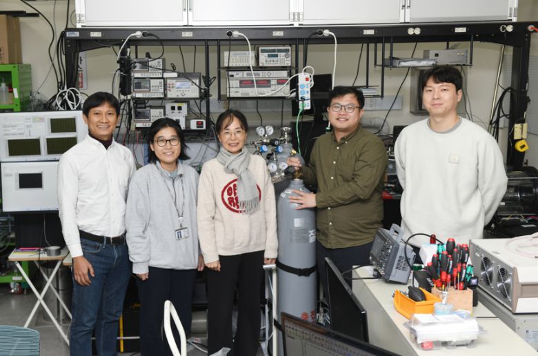 이번 연구를 수행한 KRISS 반도체디스플레이측정그룹. 트리스타(왼쪽부터) UST연구학생, 박미연 UST연구학생, 이정순 박사, 김동겸 박사후연구원, 김상우 박사후연구원.[한국표준과학연구원 제공]