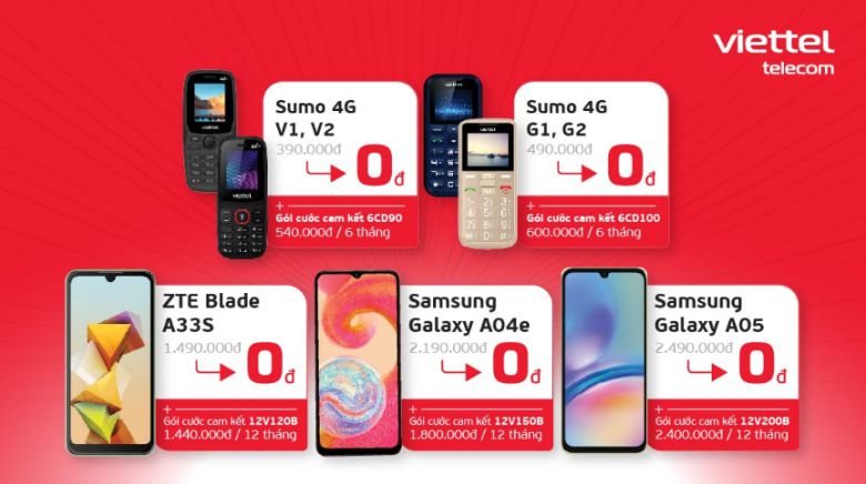 비엣텔의 4G 패키지 내 무상 제공 기기에 삼성전자 갤럭시 A04e, 갤럭시 A05가 포함된 모습. [비엣텔 공식 홈페이지 캡처]