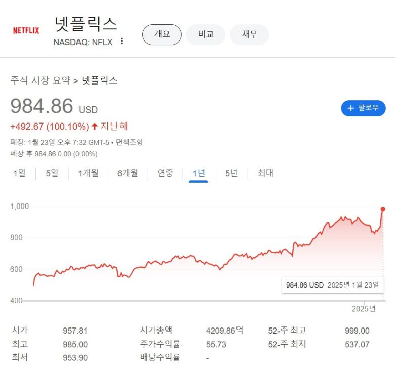 지난 23일(현지시간) 장 종료 시점 기준 최근 1년간 넷플릭스 주가 흐름. [구글 금융 캡처]