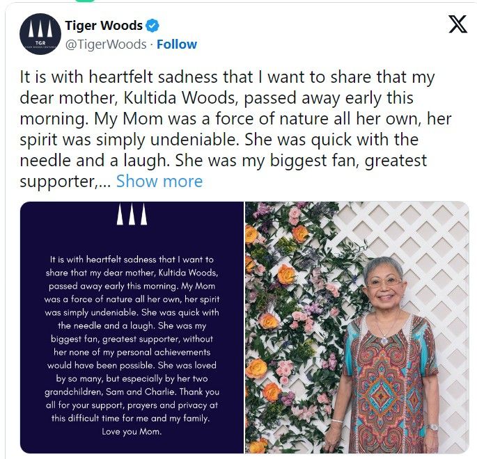 타이거 우즈가 4일(현지시간) 어머니 쿨티다의 별세 소식을 알렸다.   [우즈 SNS]