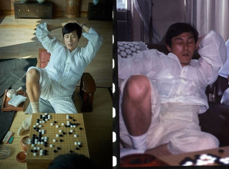 월간바둑 91년 10월호에 실린 조훈현9단의 ‘와기’(오른쪽)과 영화 ‘승부’에서 이를 그대로 연기한 이병헌(왼쪽)