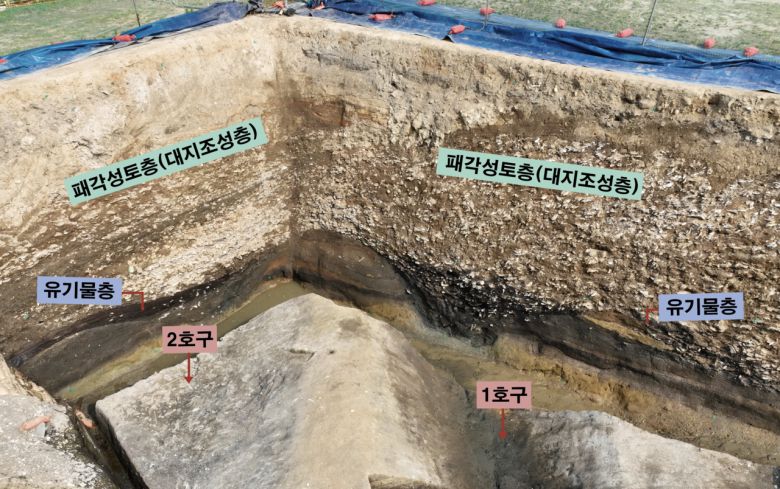 김해 봉황동 유적이 출토된 남벽과 동벽 토층(패각성토층 아래 2중 구상유구). [국가유산청]