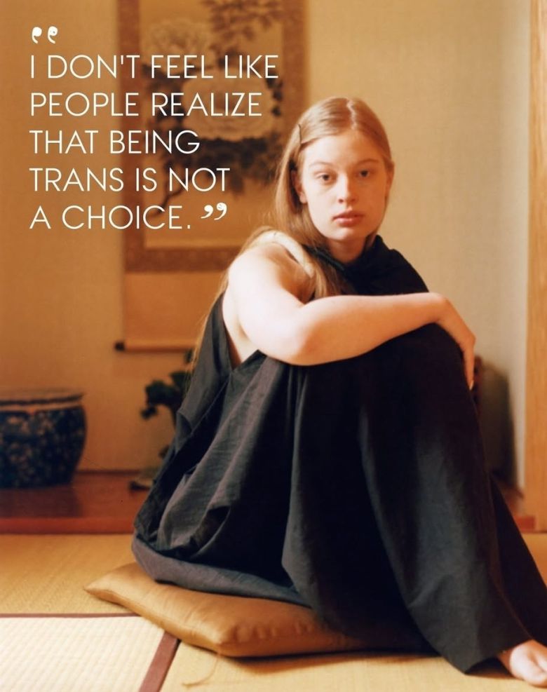 일론 머스크(53) 테슬라 최고경영자(CEO)와 절연한 성전환자(트랜스젠더) 딸 비비언 제나 윌슨(20)가 청소년 패션잡지 ‘틴 보그’이 3월 특별호 커버스토리에 실린 모습. 해당 사진 속 문구에는 ‘트랜스젠더는 선택이 아니라는 사실을 사람들이 깨닫지 못하는 것 같다’고 적혀있다. [제나 윌슨 인스타그램 캡처]