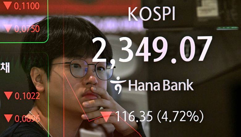 코스피가 지난 주말 미국의 관세 부과와 그에 따른 글로벌 증시 급락의 영향으로 7일 4%대 급락 출발했다. 미국발 관세 전쟁 우려가 현실화되며 투자심리가 급격히 얼어붙은 데 이어 원·달러 환율도 다시 1460원대로 치솟았다. 장 초반 증시의 급격한 매도에 한국거래소에 따르면 이날 오전 9시 12분 11초에 코스피200 선물지수의 변동으로 5분간 프로그램 매도호가 효력정지(사이드카)가 발령됐다. 이날 오전 서울 중구 하나은행 딜링룸 전광판에 9시 8분 기준 코스피 지수가 116.35포인트 하락한 2349.07포인트를 나타내고 있다. 사진은 다중노출 합성. 임세준 기자