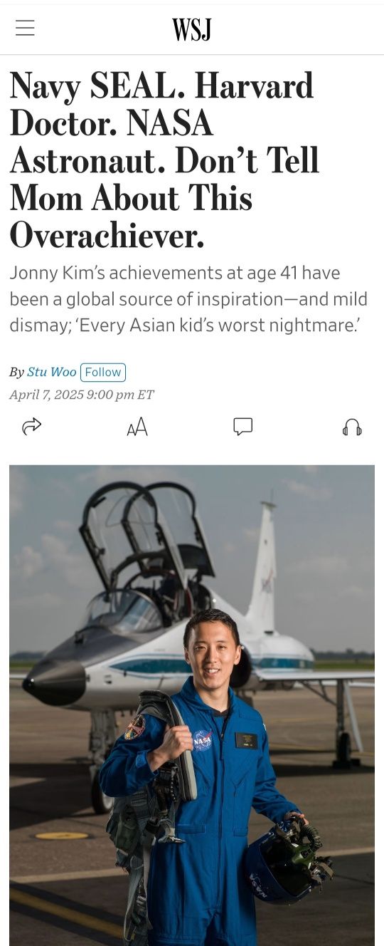 월스트리트저널(WSJ)이 지난 7일(현지시간) 한국계 미국인 우주비행사 조니 김에 대해 집중 조명했다. [WSJ 홈페이지 캡처]