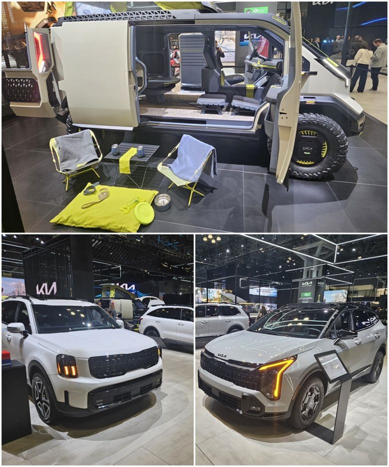기아가 뉴욕 오토쇼에서 공개한 목적기반모빌리티 PV5 위켄더(위쪽부터 시계방향), 준중형 SUV 스포티지, 플래그십 SUV 텔루라이드. 뉴욕=서재근 기자