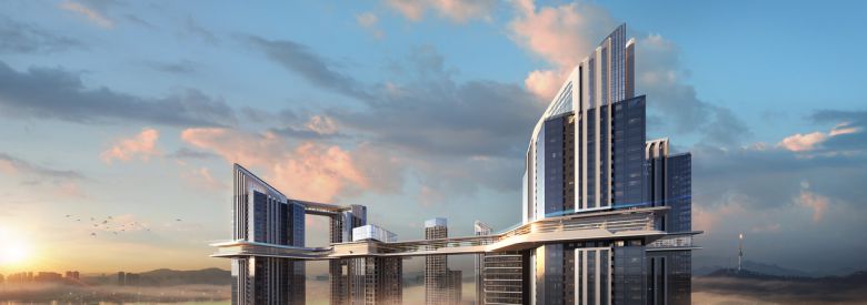 330m 길이의 한강변 스카이브릿지를 내세운 HDC현대산업개발의 용산정비창 전면1구역 재개발 사업 설계 조감도. [HDC현대사업개발 제공]