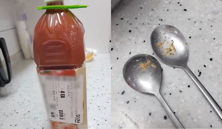 윤석열 전 대통령의 처가가 운영하는 경기 남양주의 한 요양원에서 노인학대 정황이 있다며 공익신고가 접수돼 당국이 조사에 나섰다. 이 요양원에서 제공되는 음식이 부실하고 비위생적이라는 내용이다. 사진은 입소자 16명이 상주하는 한 층에 간식으로 제공된 주스 한 병과 음식물이 묻은 채 제공된 숟가락. [MBC 보도화면 캡처]