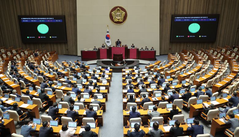 1일 국회에서 열린 본회의에서 심우정 검찰총장 탄핵소추안의 법제사법위원회로의 회부 동의의 건이 통과되고 있다. <연합뉴스>
