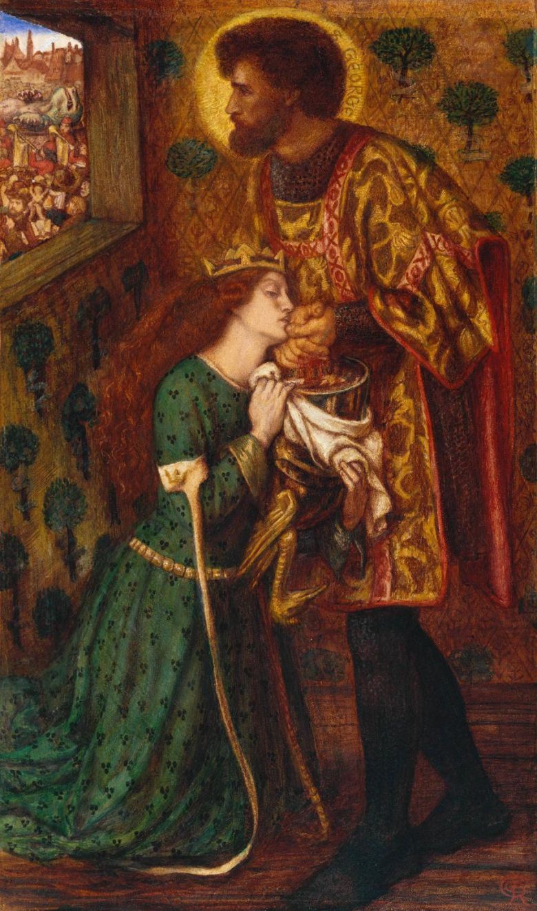 단테 가브리엘 로제티, 세인트 조지와 사브라 공주, 1862, 종이에 수채, 52.4x30.8cm, 테이트 브리튼. 엘리자베스 시달이 사브라 공주 역을 맡았다.