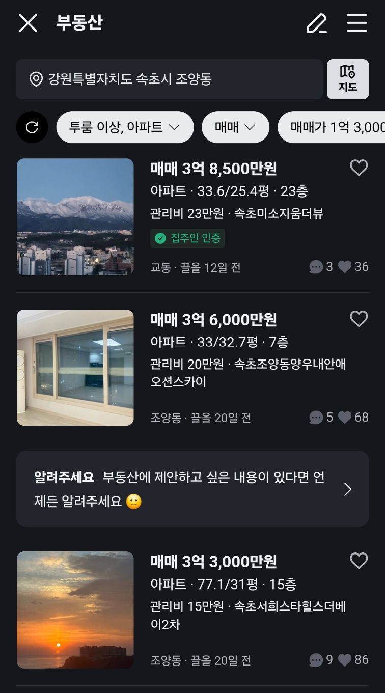 직거래를 희망하며 당근 부동산에 올라온 속초의 준신축 아파트 매물들. [당근마켓 캡처]