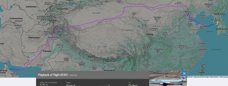 앞서 대한항공이 운항한 두바이행 항공 노선 [플라이트 어웨어 갈무리]