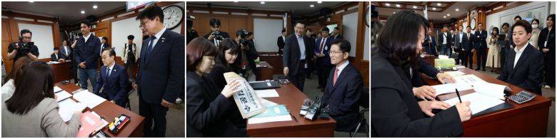 왼쪽부터 10일 이재명 더불어민주당 대선 후보를 대신해 후보 등록을 하고 있는 김윤덕 사무총장, 이날 후보 등록을 한 김문수 국민의힘 대선 후보, 전날 후보 등록을 한 이준석 개혁신당 대선 후보. [연합]