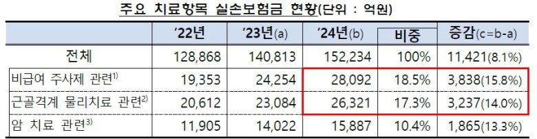 주요 치료항목 실손보험금 현황. [금융감독원 제공]