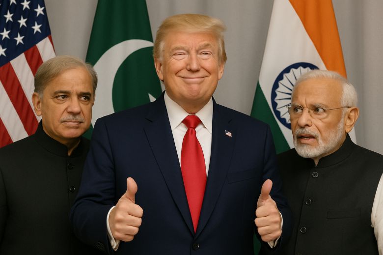셰바즈 샤리프 파키스탄 총리(왼쪽)과 도널드 트럼프 미국 대통령(가운데)와 나렌드라 모디 인도 총리. 챗GPT를 사용해 제작함]