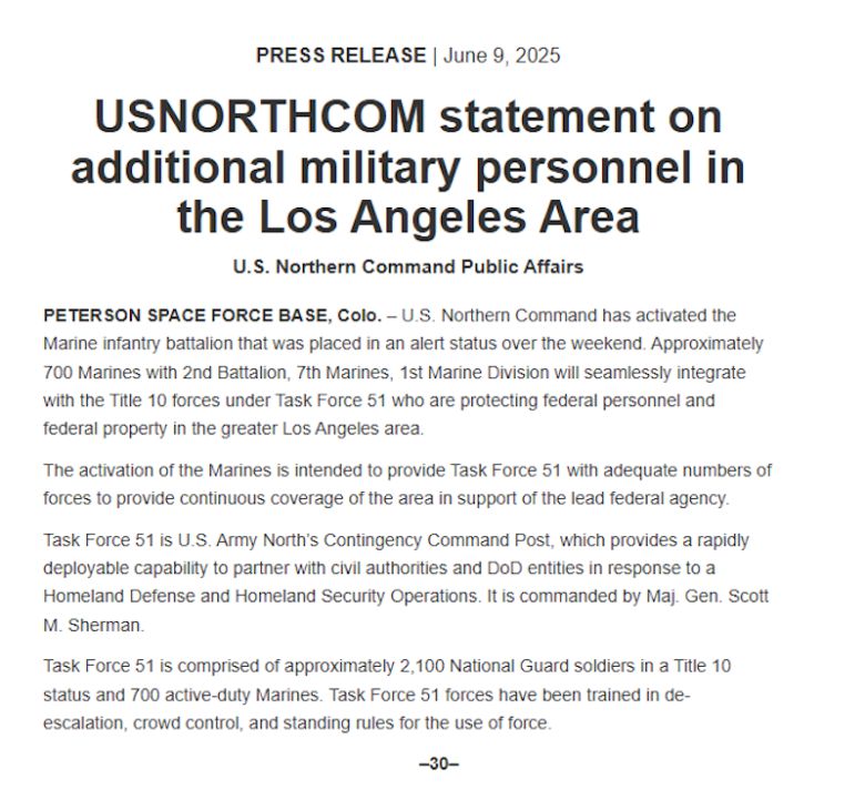 미국 펜타곤(국방부)가 9일(현지시간) 캘리포니아주 로스앤젤레스(LA)에서 발생하는 시위에 대해 약 700명의 해병대원을 현장에 파견한다는 내용의 발표문. [미 국방부 캡처]