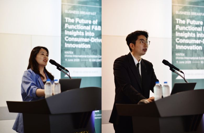 문경선 유로모니터 코리아 총괄 연구원(왼쪽)과 박상화 책임 연구원이 ‘2025 글로벌 기능성 식음료 트렌드’ 를 발표하고 있다. [유로모니터 제공]