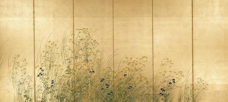와타나베 기요시의 ‘가을풀을 그린 병풍’. 가을의 일곱 가지 풀에 속하는 마타리와 도라지가 흐드러지게 피어 있다. [국립중앙박물관]