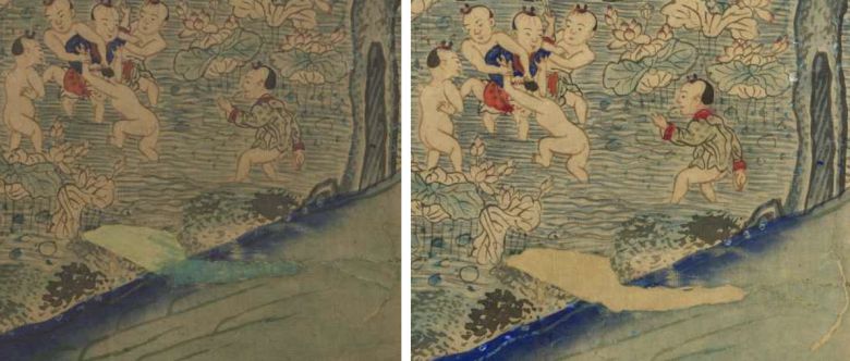 미국 덴버박물관 소장 ‘백동자도 병풍’에서 과거 보수 과정에서 덧칠된 녹색 인공안료가 제거됐다. [국립고궁박물관]