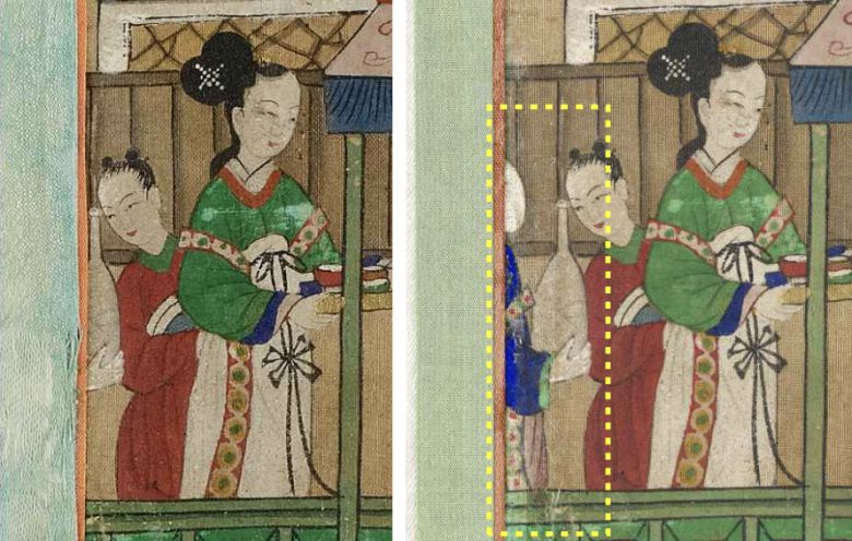 미국 포틀랜드미술관 소장 ‘구운몽도 병풍’에서 장황 직물에 가려져 있던 그림이 발견됐다. 화면을 넓혀 그림이 드러나도록 새롭게 보존처리 됐다. [국립고궁박물관]