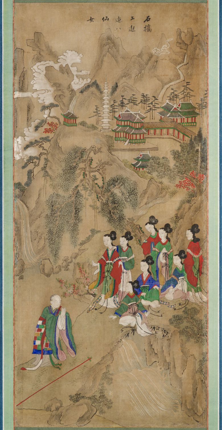 미국 포틀랜드미술관 소장 ‘구운몽도 병풍’. 성진이 팔선녀를 만나는 장면. [국립고궁박물관]