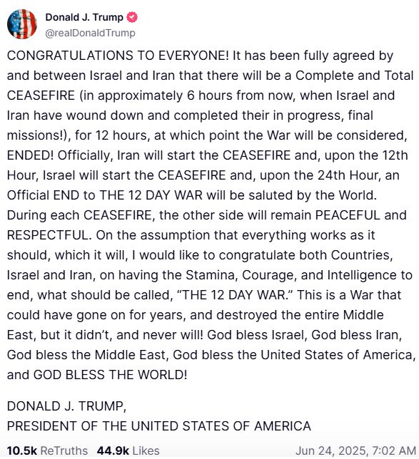 도널드 트럼프 미국 대통령이 한국 시간으로 24일 오전 7시 2분 트루스소셜을 통해 이란과 이스라엘의 종전 합의 소식을 알렸다. [트루스소셜]