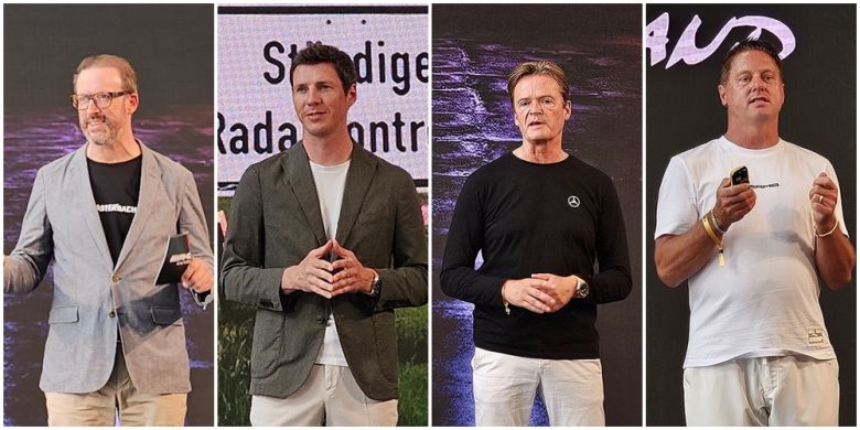 롭 할러웨이(왼쪽부터) 메르세데스-벤츠 승용 및 밴 글로벌 커뮤니케이션 총괄, 미하엘 쉬베 AMG 최고경영자(CEO), 마르쿠스 쉐퍼 메르세데스-벤츠 최고기술책임자(CTO), 고든 바그너 메르세데스-벤츠 최고디자인책임자(CDO)가  25일(현지시간) 독일 아팔터바흐에서 열린 ‘콘셉트 AMG GT XX 월드 프리미어’ 행사에서 발표하고 있다. 독일(아팔터바흐)=서재근 기자