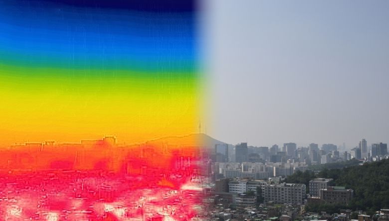 서울 지역에 폭염경보가 발효 중인 8일 오전 서울 종로구 북악산에서 열화상 카메라로 바라본 도심 일대가 열기로 인해 빨간색을 나타내고 있다. 열화상 카메라로 촬영된 사진은 기온이 높을수록 빨간색, 기온이 낮을수록 파란색을 나타낸다. 임세준 기자