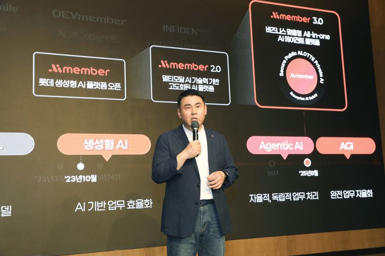 김경엽 롯데이노베이트 대표이사가 18일 서울 송파구 롯테호텔월드에서 롯데 AI 쇼케이스 2025를 열고 AI 에이전트 플랫폼으로 진화한 ‘아이멤버 3.0’을 소개하고 있다. [롯데이노베이트 제공]