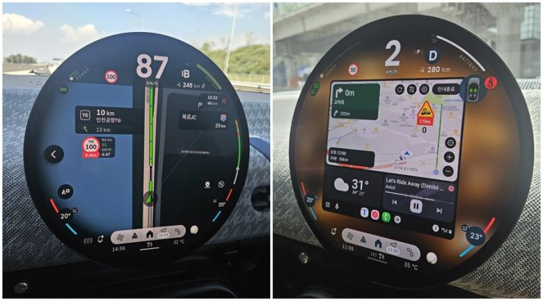 ‘더 뉴 올-일렉트릭 MINI 쿠퍼’에 기본 탑재된 티맵 내비게이션을 활성화 했을 때(왼쪽)와 스마트폰을 블루투스로 연결해 내비게이션을 사용했을 때 화면. 서재근 기자
