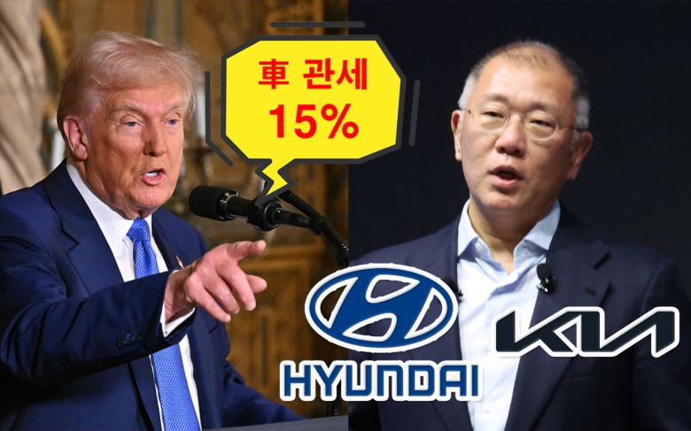 도널드 트럼프(왼쪽) 미국 대통령과 정의선 현대차그룹 회장. [연합, AP, 신동윤 기자 정리]