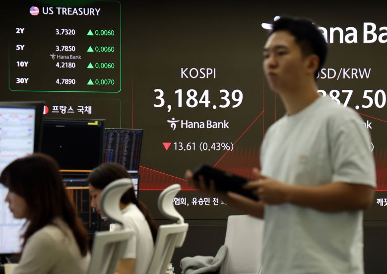 코스피가 하락 출발한 6일 서울 하나은행 본점 딜링룸에서 딜러들이 업무를 보고 있다. [연합]