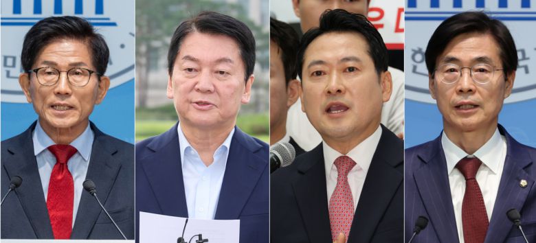 국민의힘은 8·22 전당대회 당대표 선거 본경선에 진출한 (왼쪽부터 가나다순) 김문수·안철수·장동혁·조경태 후보 [연합]