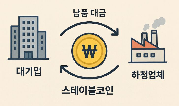 대기업이 자사 원화 스테이블코인을 발행하면 공급망 정산에 수수료도 아낄 수 있다는 기대감이 크다. [챗GPT를 이용해 제작함]