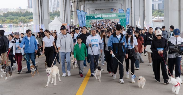 지난해 반포한강공원 잠수대교에서 열린 반려동물과의 동행을 상징한 느림보펫마라톤 한 장면. 반포한강공원 일대에서 열린 2024웰니스서울 행사에는 총 1만여명의 시민들이 참가해 쉼과 여유, 힐링의 하루를 함께 보냈다. <사진=헤럴드미디어그룹>