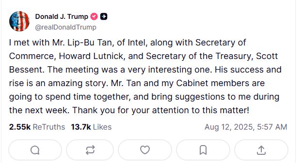 11일(현지시간) 도널드 트럼프 미국 대통령이 사회연결망서비스()SNS) 트루스소셜에서 립부 탄 인텔 최고경영자(CEO)를 언급한 모습 [트루스소셜 캡처]