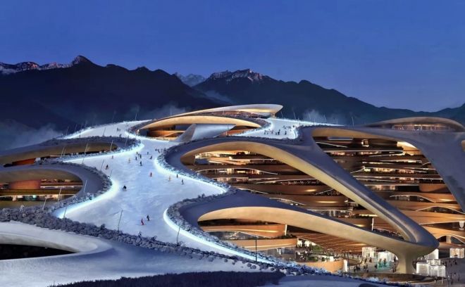 2029 동계아시안게임을 유치한 사우디아라비아가 스마트도시 네옴시티의 해발 2600m 트로제나 지역에 건설 중인 스키 리조트. [네옴시티]