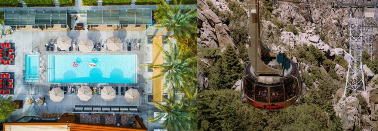 왼쪽 ARRIVE 호텔, 오른쪽 팜스프링스 에어리얼 트램웨이 (©캘리포니아 관광청)