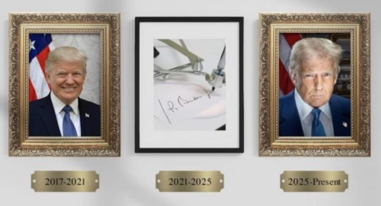 백악관 ‘대통령 명예의 거리’에 걸린 역대 대통령 사진. 46대 조 바이든 전 대통령 대신 자동 서명기 사진이 걸려 있다. [트루스소셜]