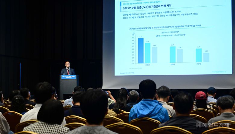 이재만 하나증권 리서치센터 글로벌투자분석실장이 지난 16일 오전 서울 강남구 코엑스 그랜드볼룸에서 열린 ‘헤럴드머니페스타 2025’ 에서 ‘주식시장 전망과 전략-금리로 시작해서 실적으로 끝납니다’란 주제로 강연을 하고 있다. 이상섭 기자