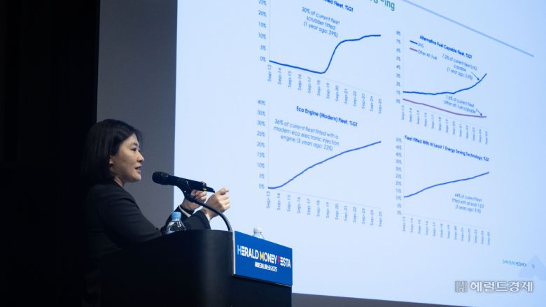 엄경아 신영증권 연구위원이 17일 서울 강남구 코엑스 그랜드볼룸에서 열린 ‘헤럴드머니페스타 2025’에서 ‘풀리지 않는 국제정세 속 조선업 투자자는 어디로 항해해야 하나’를 주제로 강연을 하고 있다. ‘헤럴드머니페스타 2025’는 ‘웰스 내비게이션’ 주제로 돈의 흐름과 자산의 맥을 짚어나가는 축제의 자리로 처음으로 월급을 모으는 2030 재테크 초심자부터 자산 승계나 절세를 염두에 둔 5060 재테크 고수까지 다양한 계층을 위한 주식·부동산·금융상품·절세·가상자산 등 재테크와 관련한 모든 정보가 총망라된다. 임세준 기자
