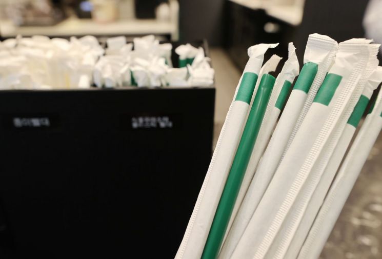 서울 한 스타벅스 매장에 플라스틱 빨대가 진열돼 있다. [연합뉴스]