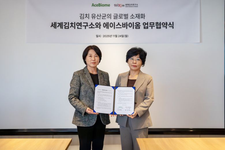김명희(왼쪽) 에이스바이옴 대표와 장해춘 세계김치연구소장이 업무협약 후 기념촬영을 하고 있다.[세계김치연구소 제공]