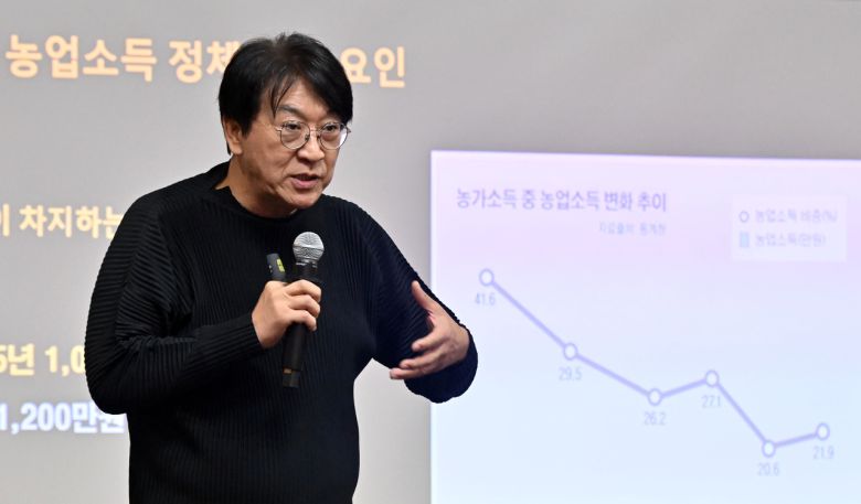 민승규 전 농림축산식품부 차관이 28일 오후 경기도 고양시 킨텍스에서 열린 2025 한국농업 미래혁신포럼에서 ‘한국 쌀의 어제와 오늘, 내일’을 주제로 기조강연을 하고 있다. 고양=임세준 기자