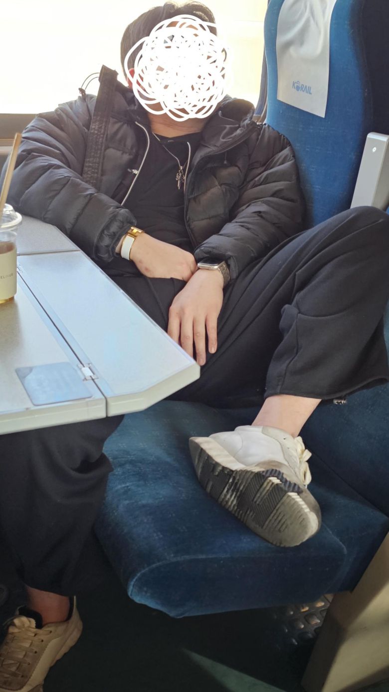 KTX 안에서 한 승객이 의자 위에 신발을 신은 채 발을 올리고 있는 모습. [보배드림 갈무리]