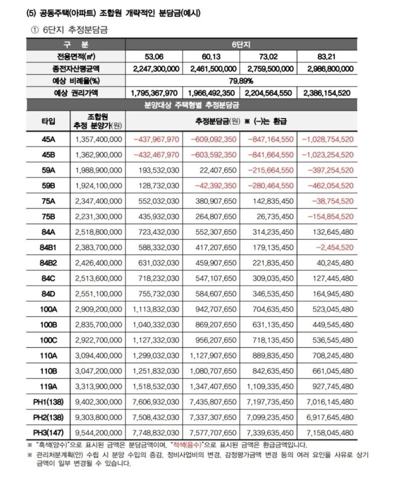 서울 강남구 개포동 개포주공6·7단지 재건축정비사업조합이 최근 조합원들에게 안내한 추정분담금 표. [독자 제공]